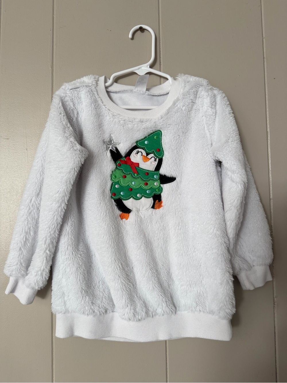 White Plush Pullover with Penguin Christmas Tree Applique